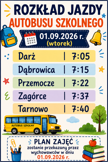 ROZKŁAD JAZDY AUTOBUSU SZKOLNEGO W DNIU 01.09.2026 r.